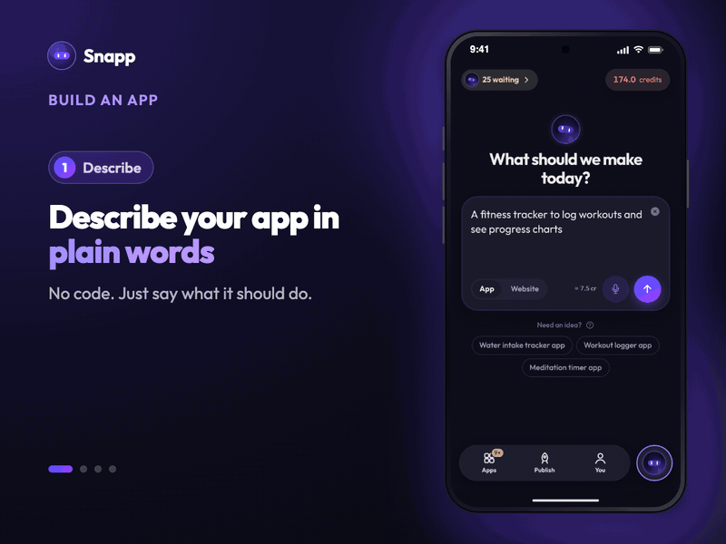 Animated guide, Build an app. Steps: describe, preview, change, publish