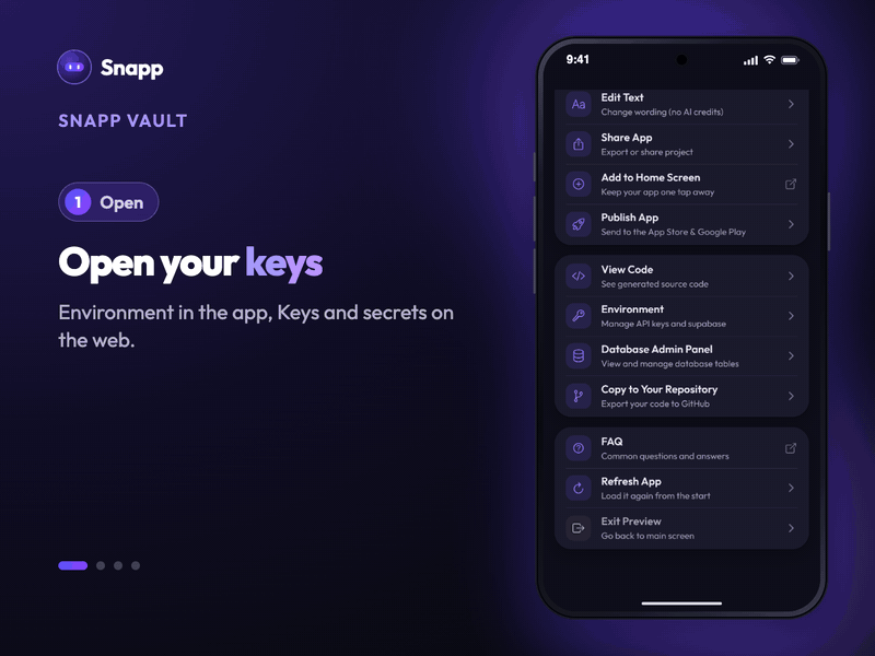Animated guide, Snapp Vault. Steps: open, vault, labels, locked