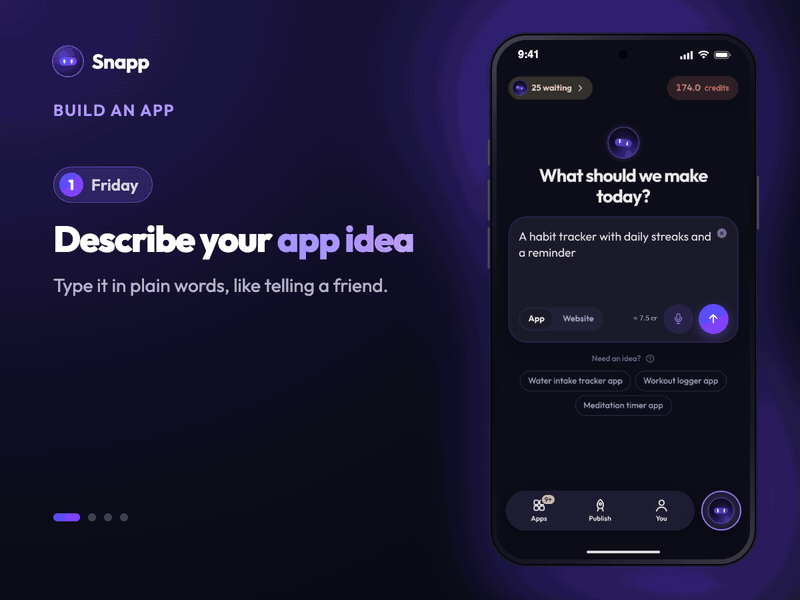 Animated guide, Build an app. Steps: friday, saturday, sunday, ship