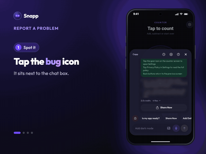 Animated guide, Report a problem. Steps: spot it, capture, explain, fix